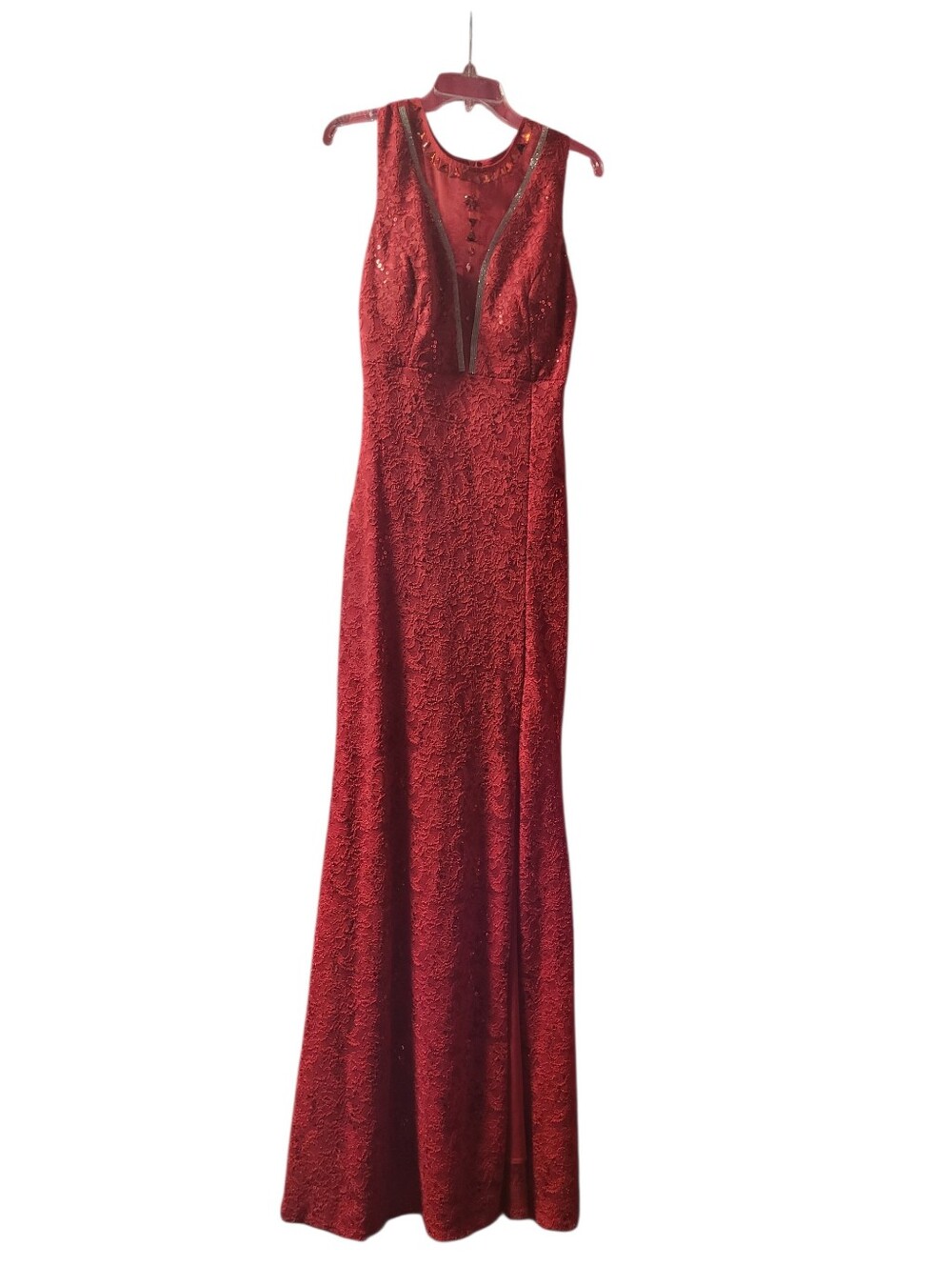 Elegant Red Lace Evening Gown - Sleeveless V-Neck